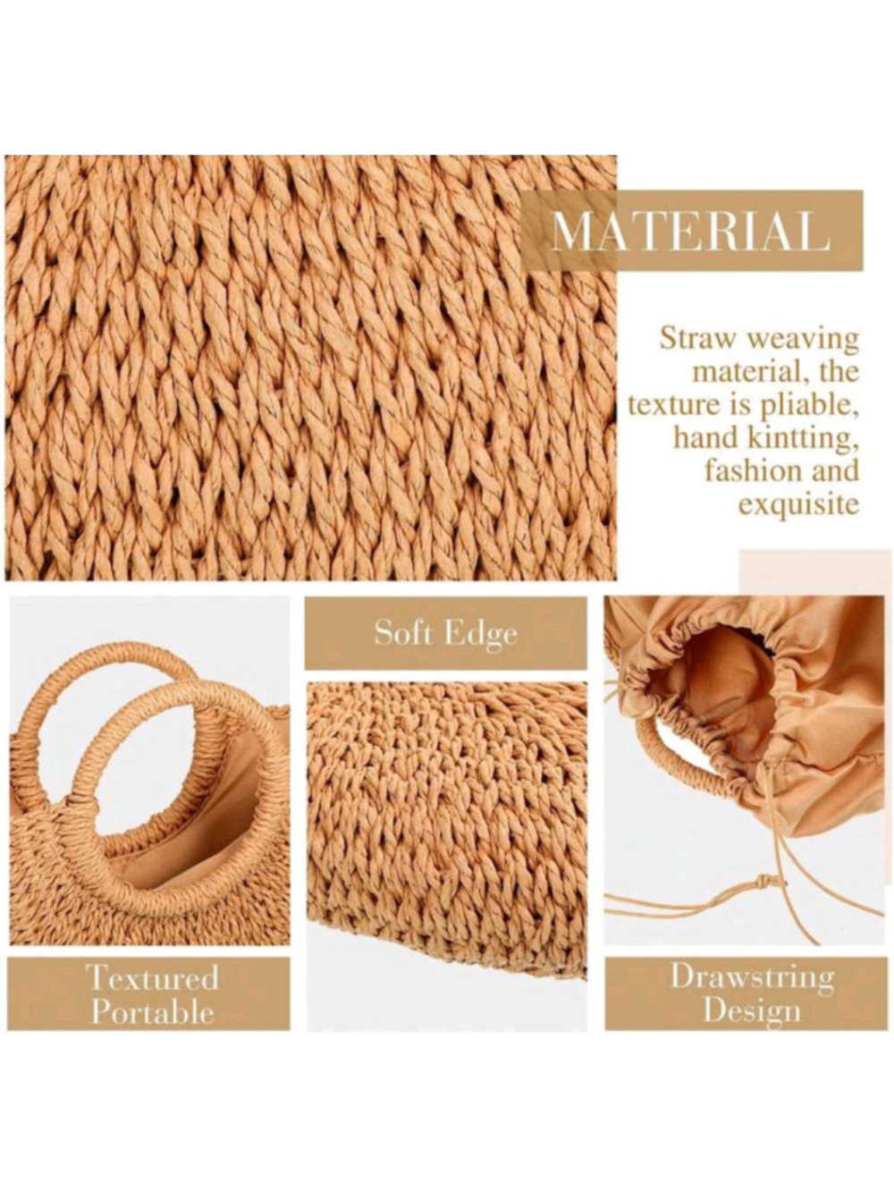 Tan Purse Straw Tote Bag Vacay Tote Shoulder Bag Light Brown Rattan Beach Purse - Picture 5 of 13